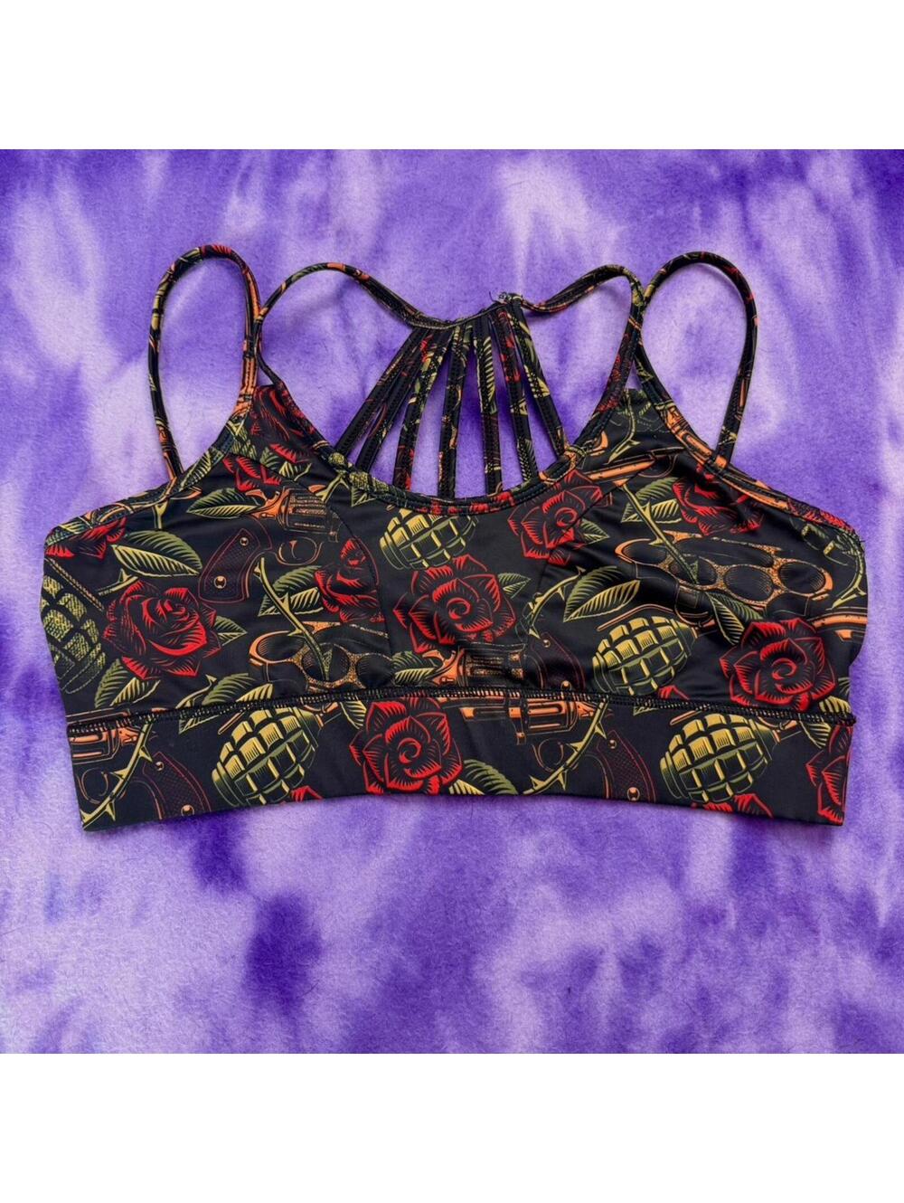 Constantly Varied Gear sports bra with guns and roses